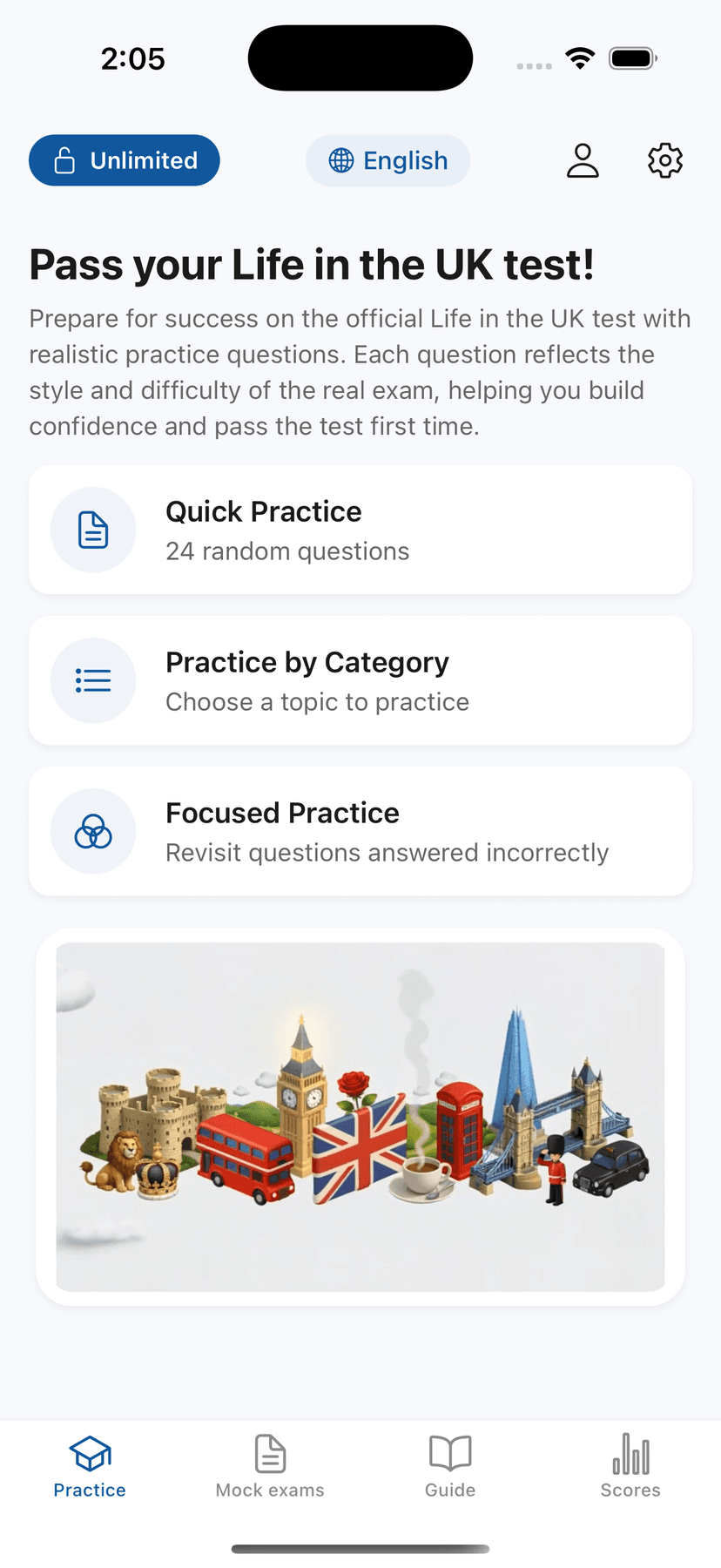 Life in the UK Test app home screen with quick practice, practice by category and focused practice