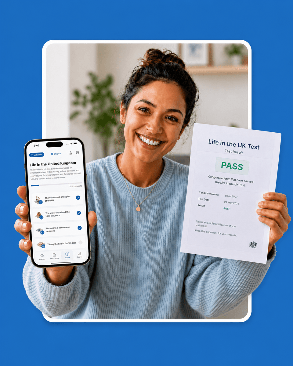 Smiling woman holding a phone with the Life in the UK Test app study guide and a printed Life in the UK Test pass result